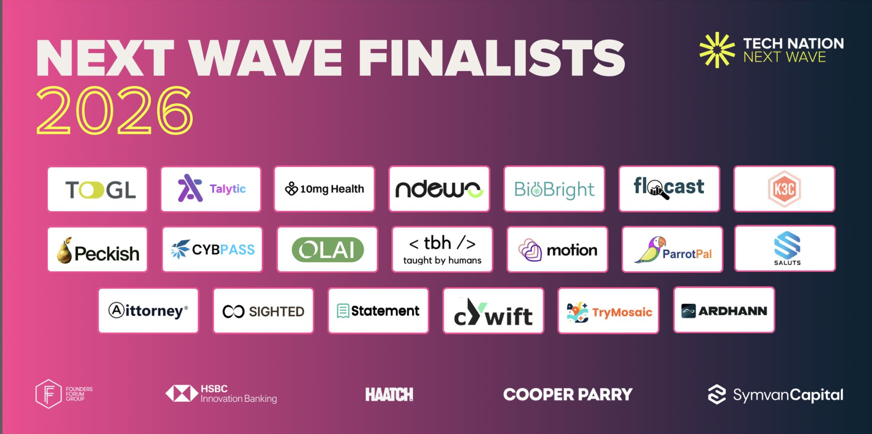Tech Nation Next Wave 2026 finalists graphic featuring the OLAI logo