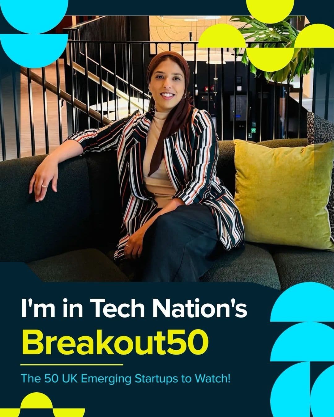 OLAI founder sitting on a sofa in a Tech Nation Breakout 50 announcement graphic
